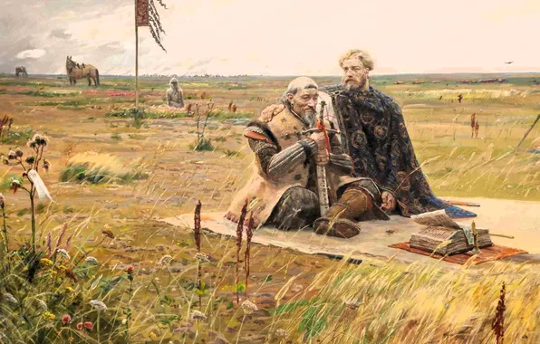 The steppe, horse, picture, sword, flag, book, the old man, painting