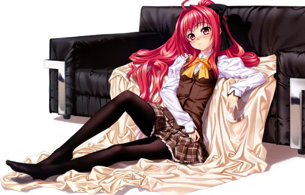 Picture sofa, tights, red eyes, long hair, red hair, long hair, red eyes, red hair