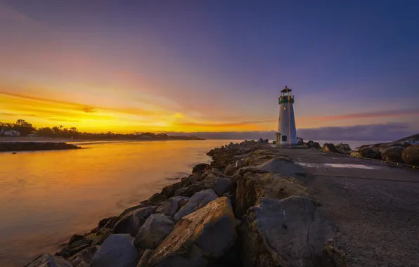 Picture landscape, nature, stones, the ocean, dawn, lighthouse, morning, CA