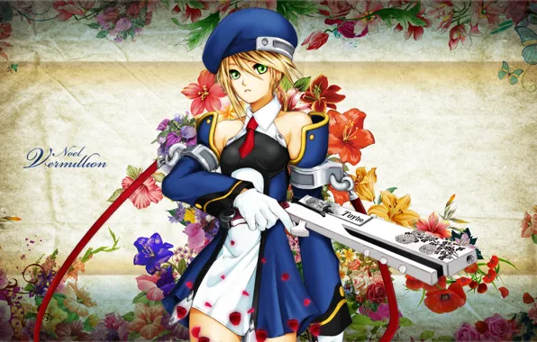 Picture girl, flowers, weapons, background, pattern, petals, art, blazblue