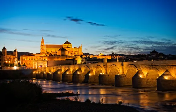 Picture the sky, lights, river, Spain, Cordoba, most