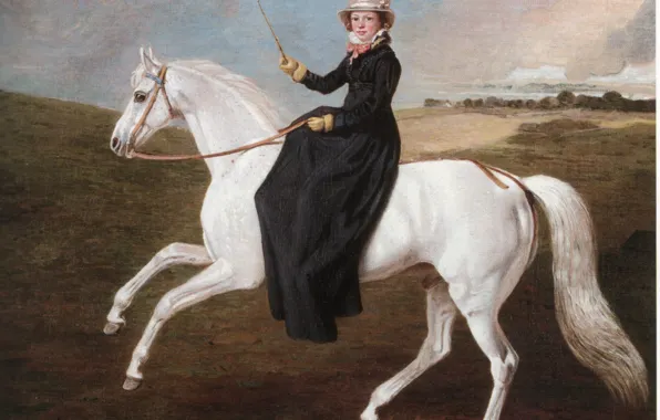 Picture white horse, cylinder hat, girl rider, on horseback, BMarshall