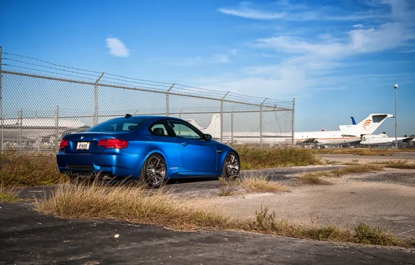 Picture grass, asphalt, blue, bmw, BMW, the fence, rear view, blue