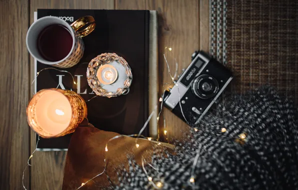Tea, Board, candles, scarf, the camera, mug, Cup, book
