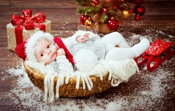 Basket, hat, toys, child, baby, Christmas, gifts, Christmas
