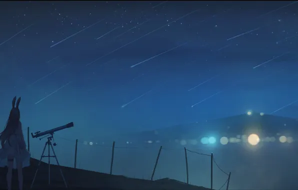 Girl, mountains, night, telescope, ears, bokeh, Starfall