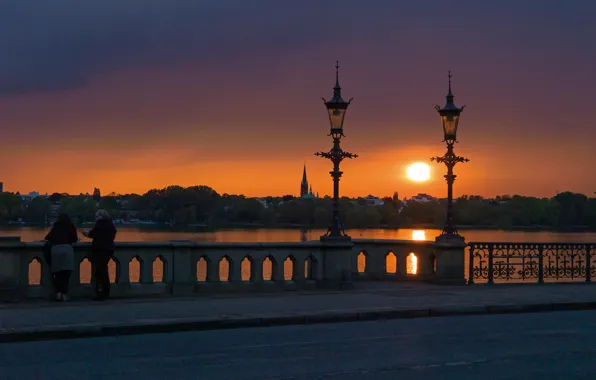 The sky, landscape, sunset, lake, Germany, lights, promenade, Hamburg