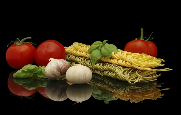 Black background, tomatoes, garlic, noodles, Basil