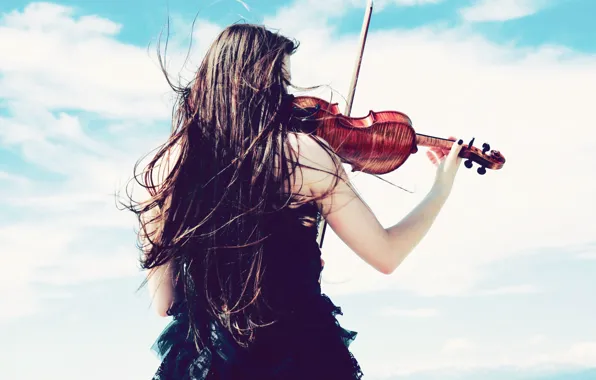 Picture the sky, girl, clouds, the wind, mood, violin, dress, mood