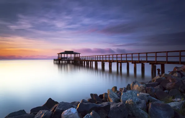 Sea, the sky, clouds, sunset, sunrise, stones, the ocean, dawn