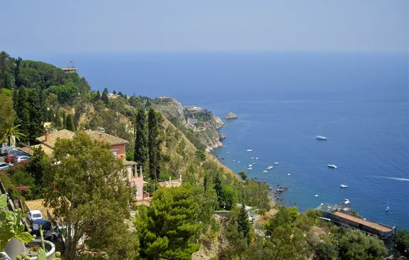 Sea, mountains, rocks, Villa, home, slope, Italy, Sicily