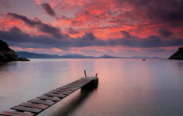 The sky, water, sunset, mountains, orange, bright, clouds, lake