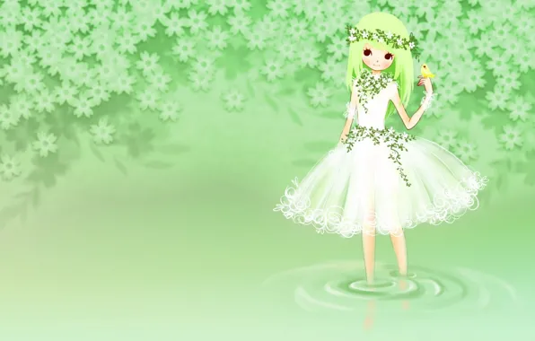 Summer, water, stream, anime, art, girl, bird, wreath