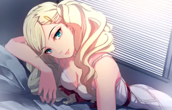 Blonde, neckline, blue eyes, flirting, blinds, white linen, red bow, lying on the bed