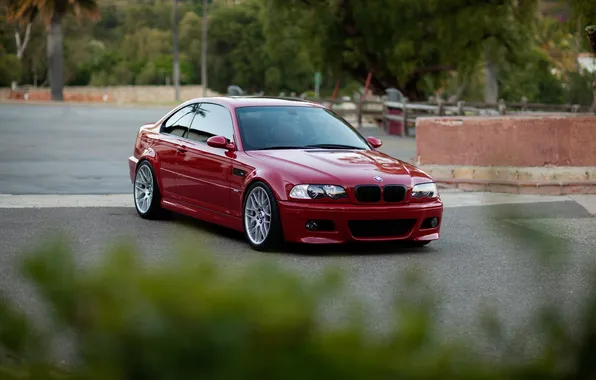 Trees, red, bmw, BMW, the fence, red, e46