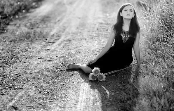 Road, girl, flowers