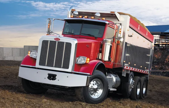 Picture the sky, red, truck, the front, Peterbilt, Dump Truck, 367
