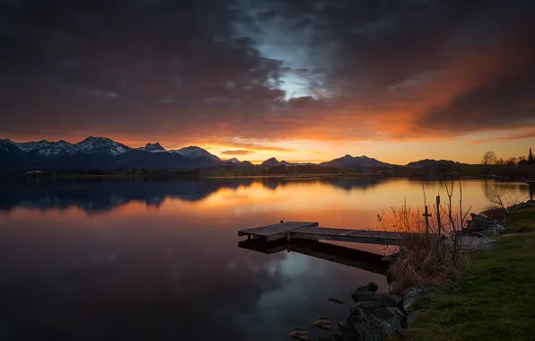 Sunset, mountains, lake, reflection, Bayern
