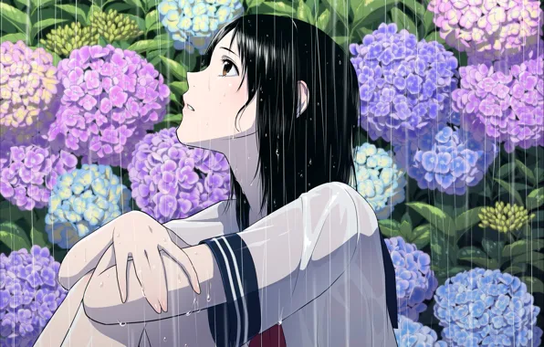 Picture girl, flowers, rain, anime, art