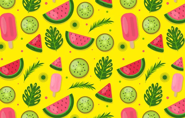 Leaves, texture, kiwi, ice cream, pieces, fruit, circles, yellow background