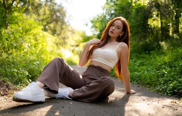 Girl, young, beautiful, sweet, pants, sneakers, tank top