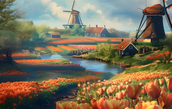 Field, flowers, fog, river, shore, spring, village, channel