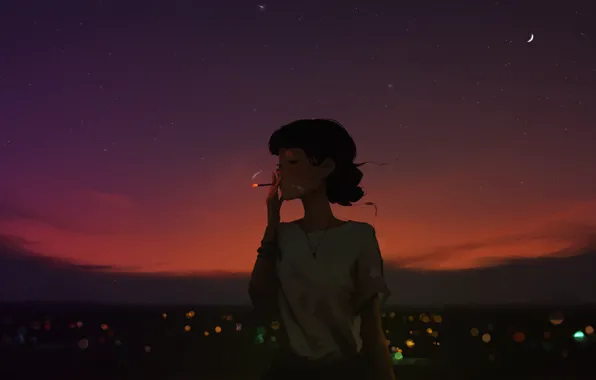 The sky, stars, night, a month, brunette, smokes, one, sky