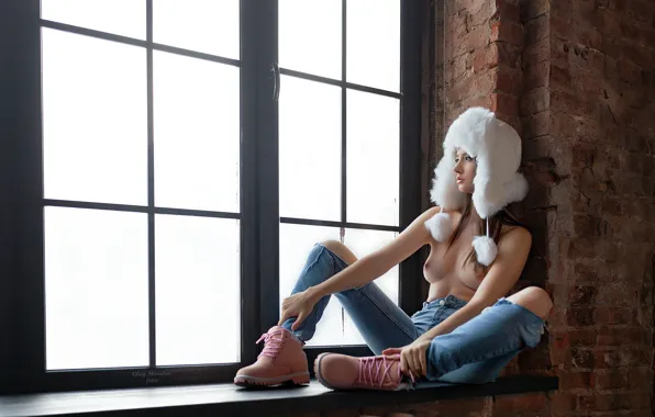 Chest, girl, pose, hat, jeans, shoes, window, on the windowsill