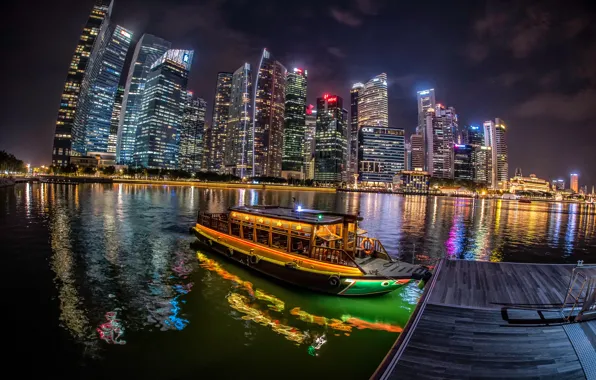 River, boat, building, Marina, Singapore, night city, skyscrapers, Singapore