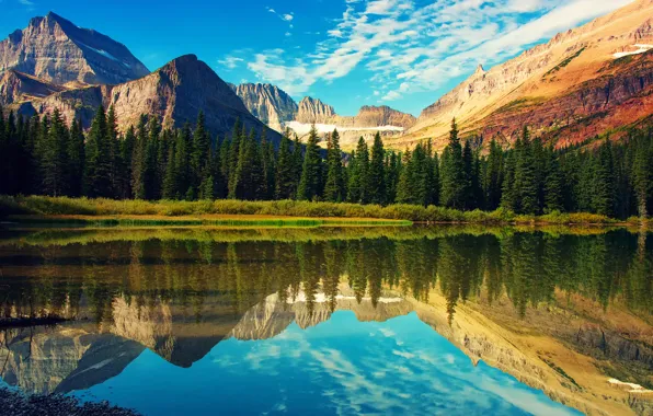 Forest, the sky, reflection, lake, Rocky mountains, Glacier national Park, Mount Grinnell