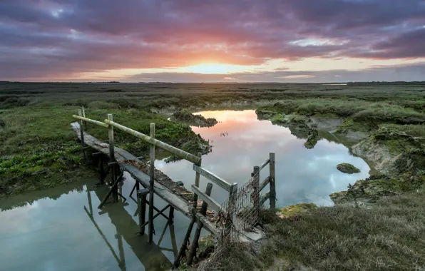 Sunset, bridge, river