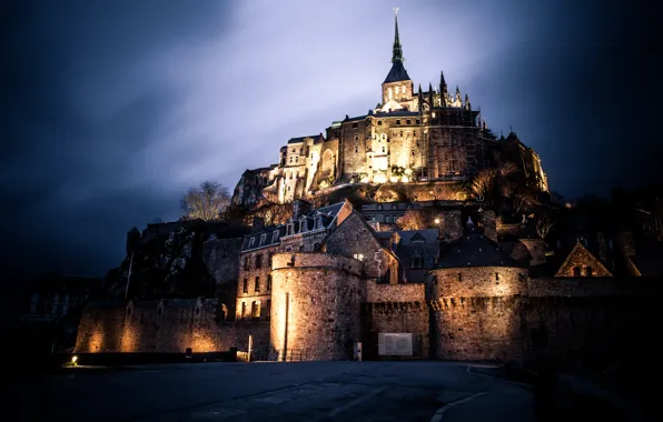 Picture night, castle, France, architecture, The Mont-St.-Michel, Basse-Normandie