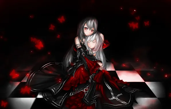 Butterfly, tape, girls, anime, art, hugs, bows, closedbox