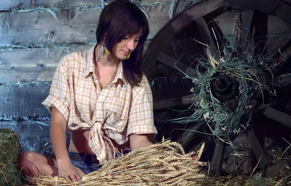 Picture BROWN hair, HAY, WHEEL, SHORTS, SHIRT, WREATH, SPIKELETS, The BARN