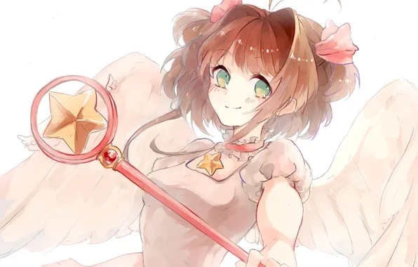 Smile, background, wings, angel, girl, Card Captor Sakura, Sakura - collector cards