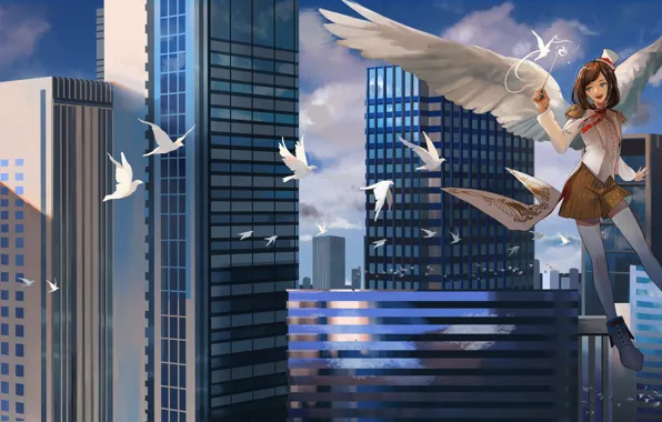 Picture angel, girl, magic, the city, bird
