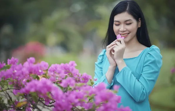Girl, joy, flowers, branches, nature, face, pose, smile