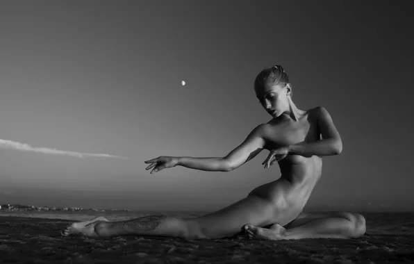 Girl, landscape, night, pose, the moon, tattoo, monochrome, Nude