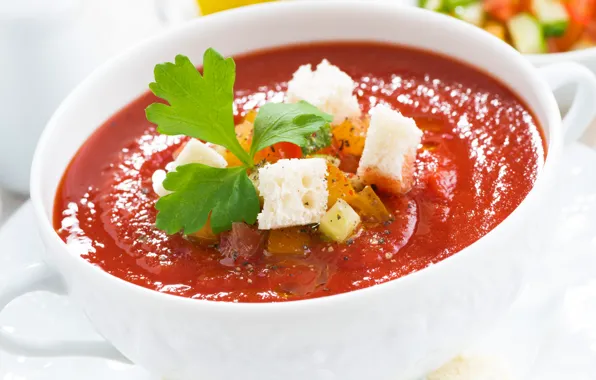 Picture soup, vegetables, tomato, crackers, gazpacho