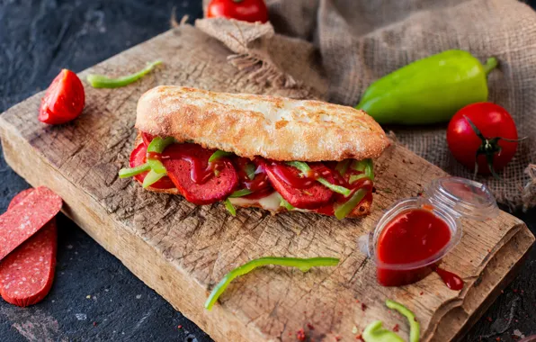 Bread, pepper, vegetables, sauce, tomatoes, sausage, ketchup, sandwich