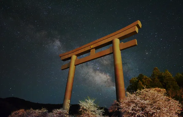 Stars, landscape, gate, Japan, The milky way, Japan, torii