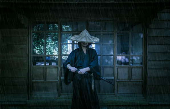Background, rain, sword, katana, samurai, male