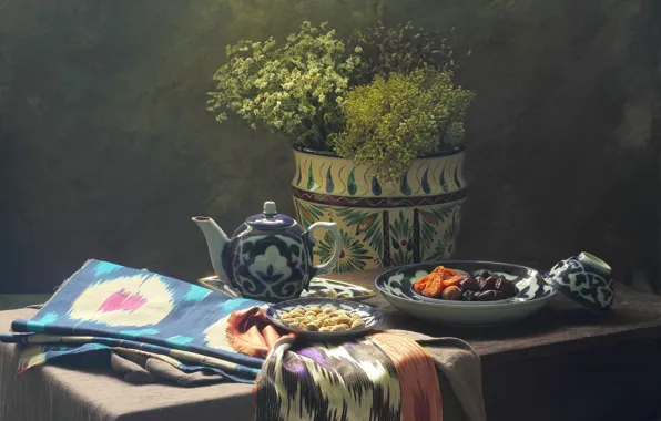 Flowers, bouquet, kettle, nuts, still life, items, composition, dried fruits