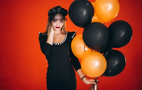 Autumn, girl, the dark background, holiday, makeup, pumpkin, Halloween, Halloween