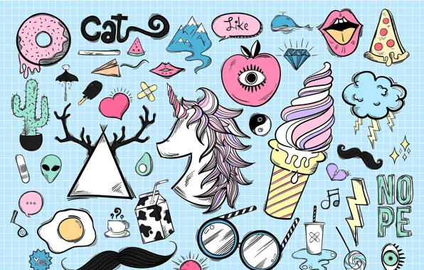 Picture figure, milk, glasses, unicorn, ice cream, heart