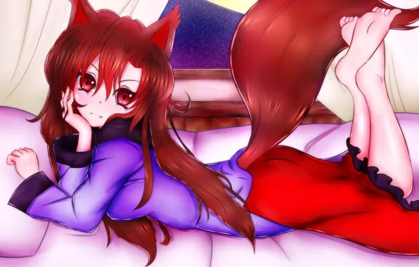 Picture look, girl, pose, tail, bed, ears, touhou, art