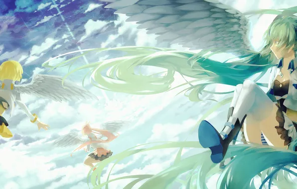 The sky, clouds, flight, girls, wings, anime, art, vocaloid