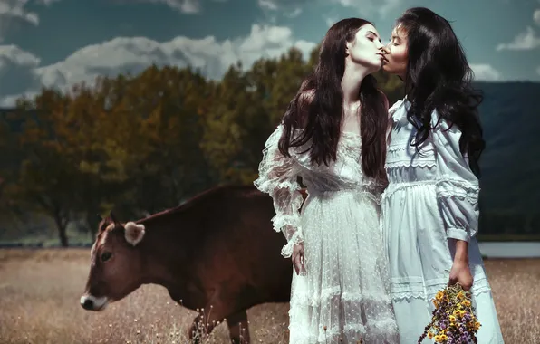 Nature, girls, cow, kiss, pair, brunette, dresses, Daniel Ilinca