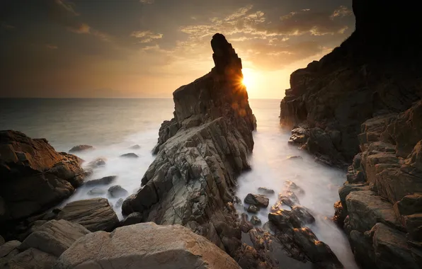 Stones, the ocean, rocks, dawn, shore