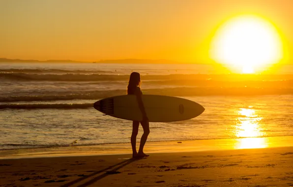 Sea, summer, girl, dawn, Board surfer